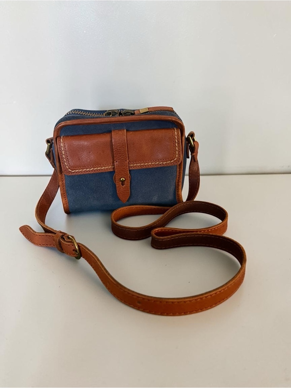 Madewell Camden Mini Crossbody Blue Suede Cognac Leather Camera Bag